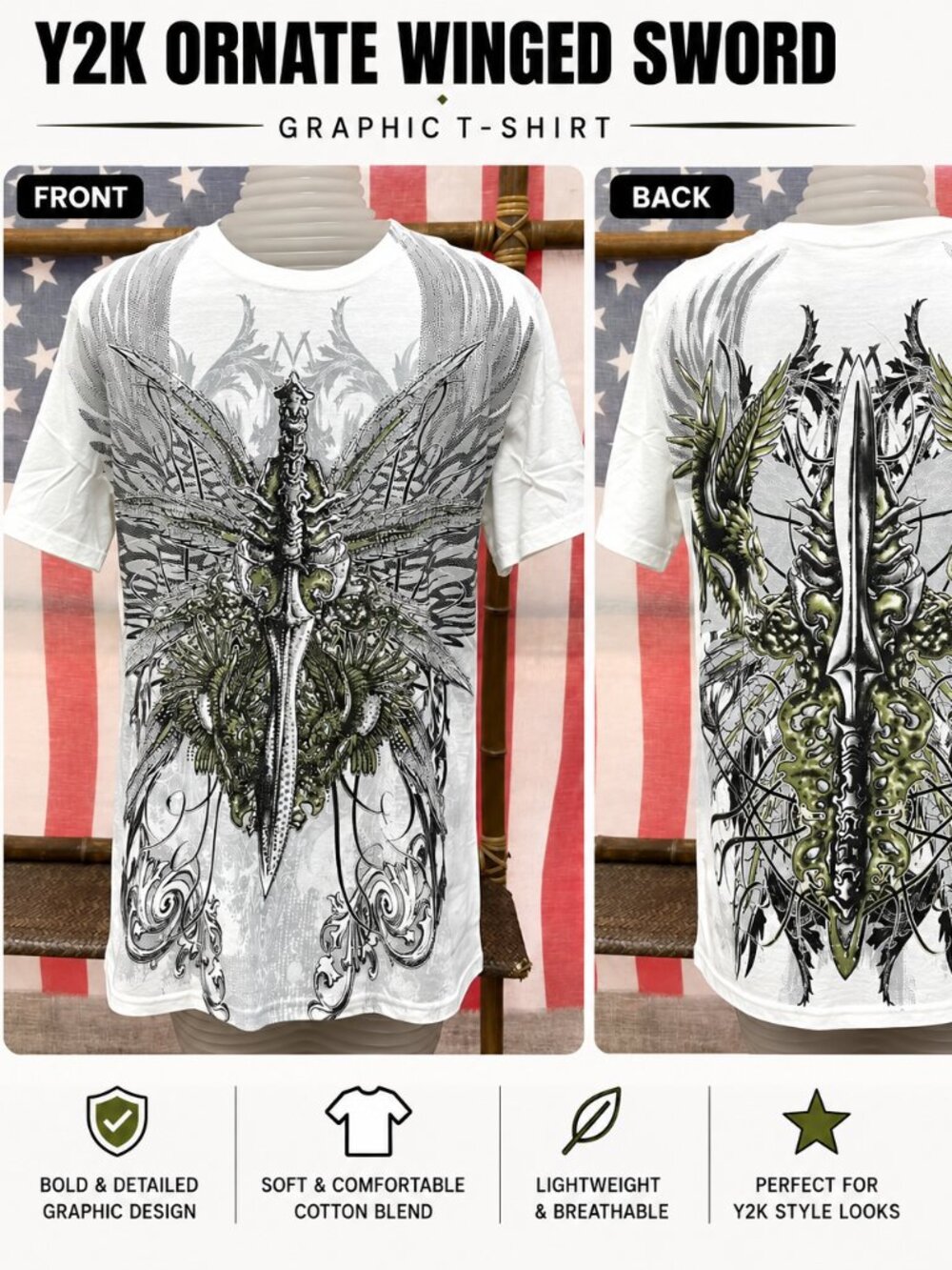 NWOT Y2K Ornate Winged Sword Graphic T-Shirt White Men's Size M